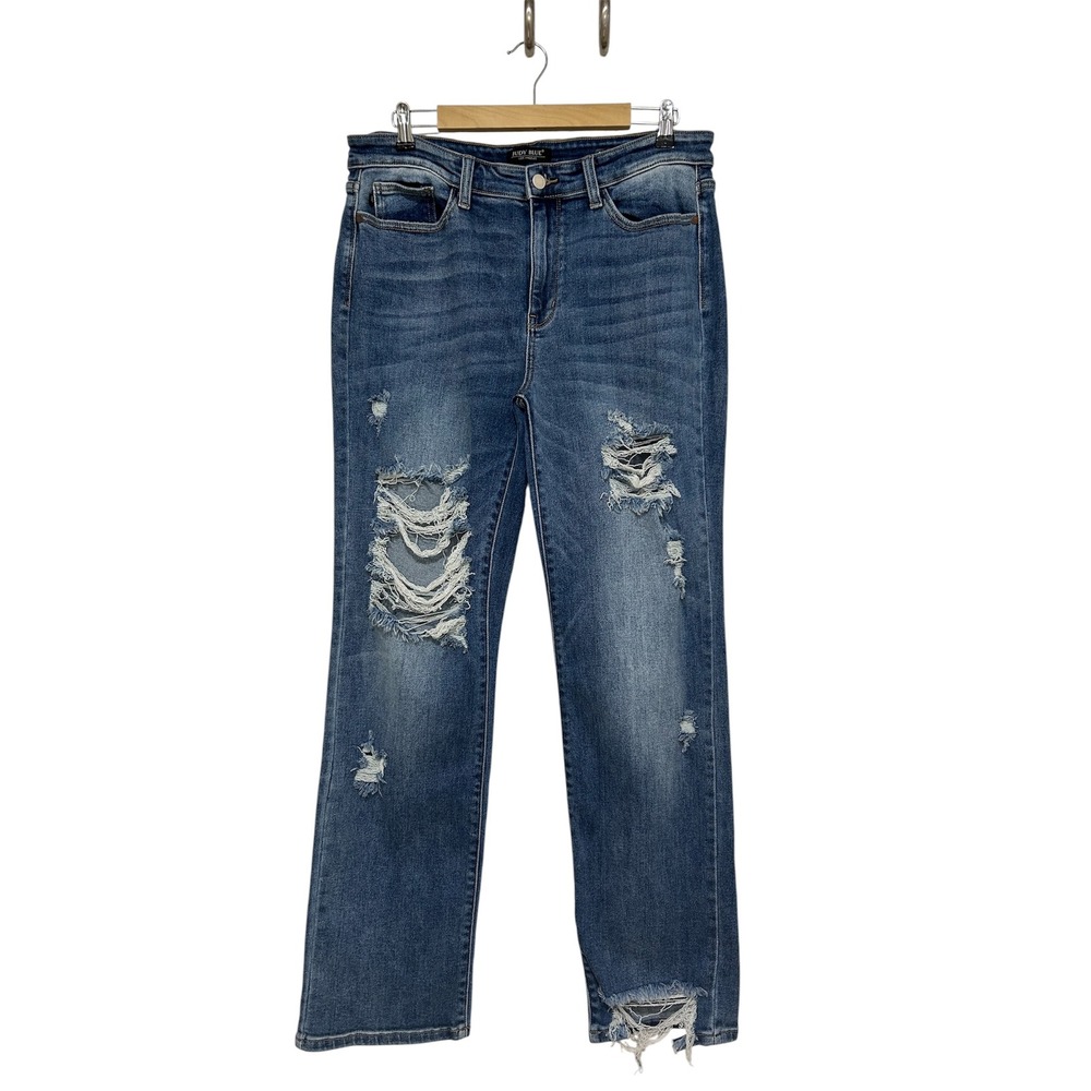 Judy Blue Cotton Mix Medium Wash Distress Ripped High Rise Straight Jeans 15/32